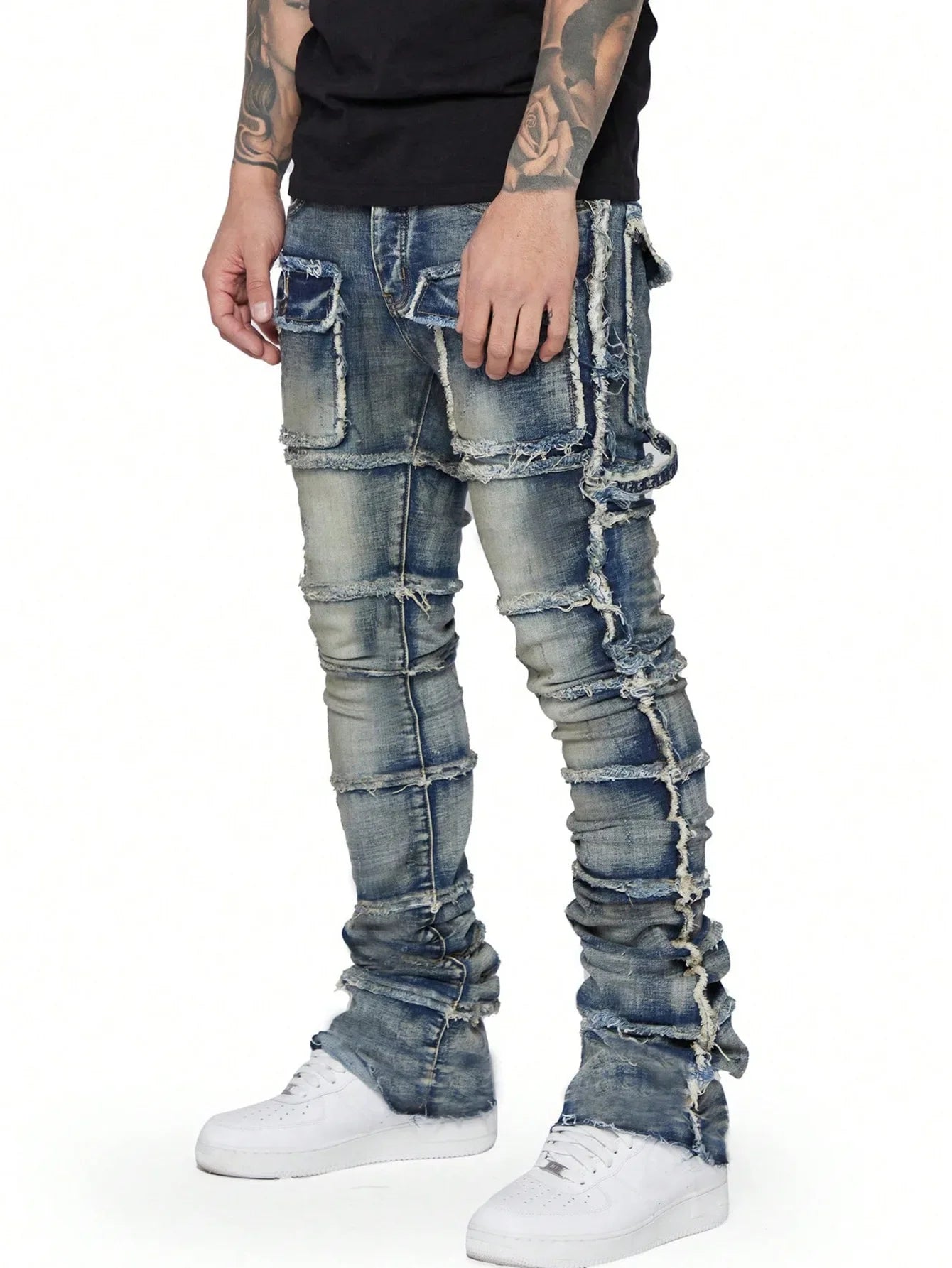 2025 New Stretchy Jeans Men Ripped Washed Y2k Pants Retro Cargo Straight Leg Male's Patched Denim Trousers