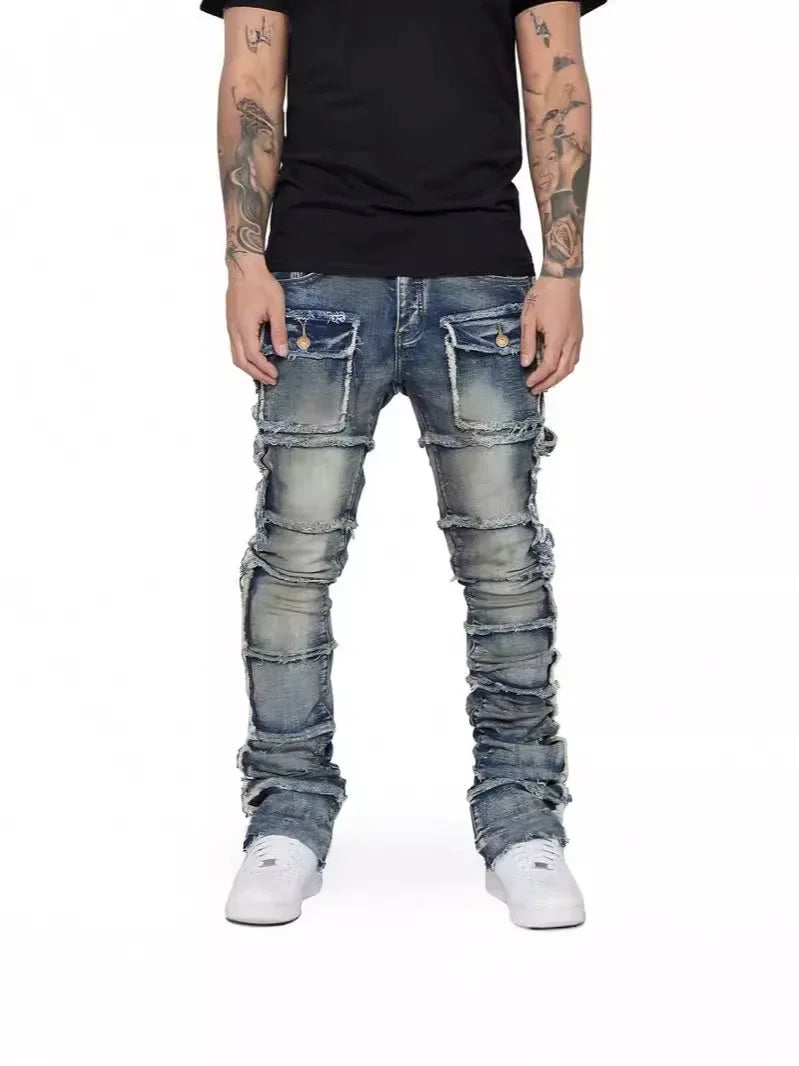 2025 New Stretchy Jeans Men Ripped Washed Y2k Pants Retro Cargo Straight Leg Male's Patched Denim Trousers