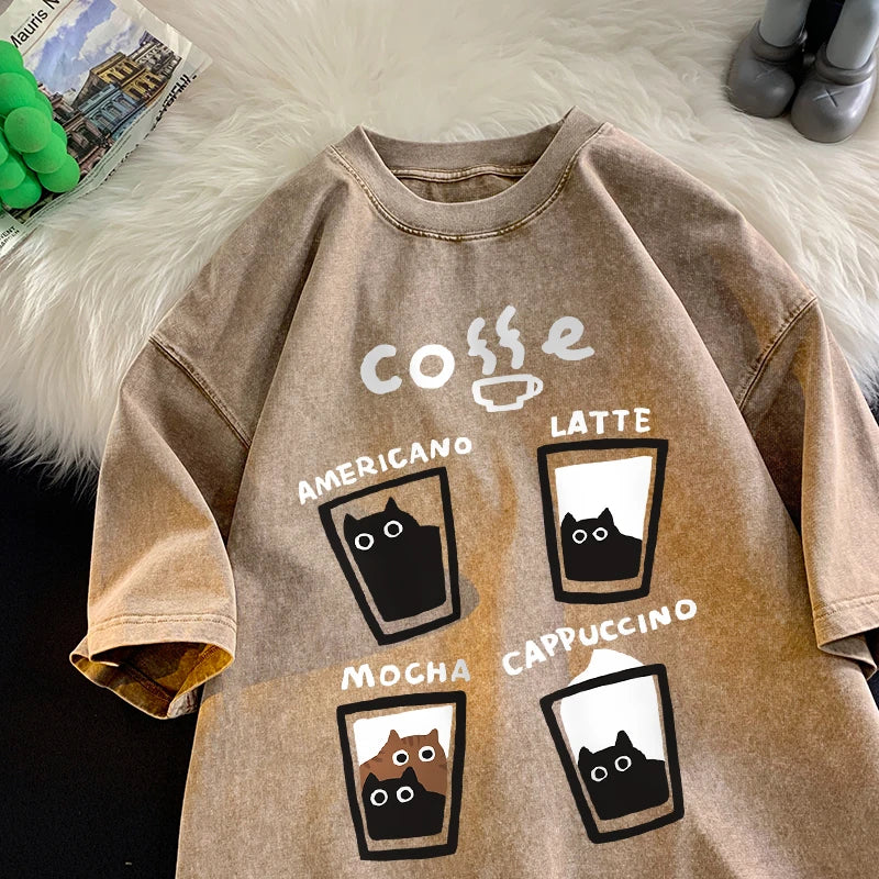 Retro Fashion Cat Cotton Loose Ft Couples Short Sleeve T-Shirt