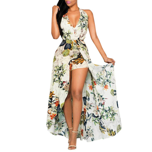 Women Summer Dress Off Shoulder Flower Beach Party Large Swing Dress A Line Deep V Neck Bohemian Long Dresses For Women Vestido