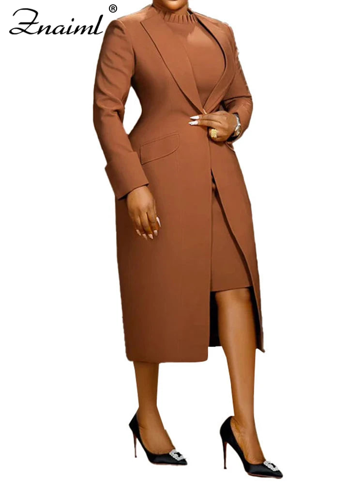 Elegant Lady Long Blazer with Dress 2PCS Office Fashionable Work Outfits