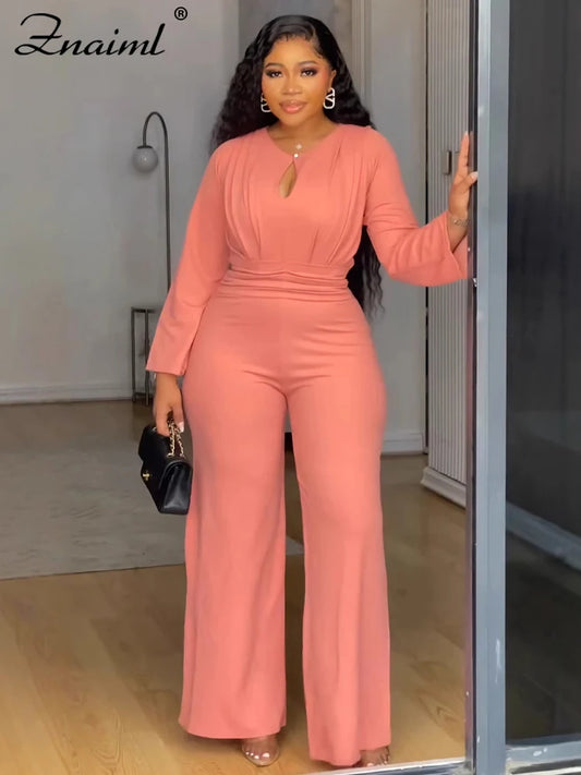 Znaiml Women O Neck Long Sleeve Straight Wide Leg Pants Rompers Office Lady Jumpsuits Loose One Piece Overalls Streetwear