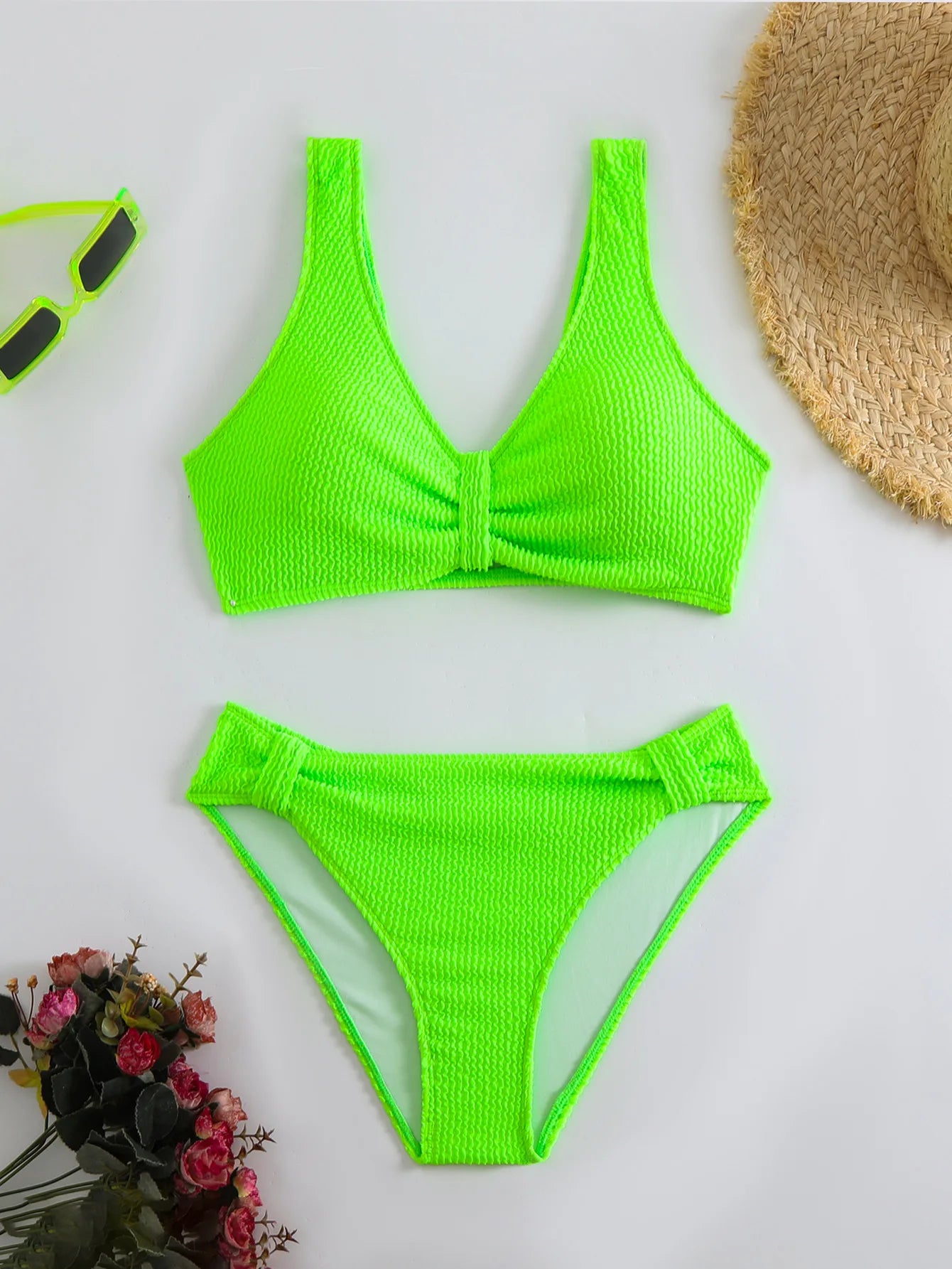 Women's 2PCS Swimsuit Solid Color High Waist Bikini Set V-Neck Backless Beachwear