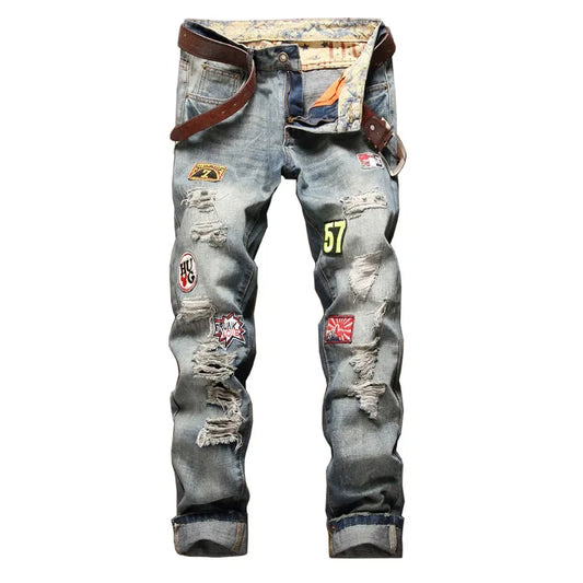 Luxury High Fashion Motorcycle Straight-Leg Slim-Fit Ripped Denim Men's Jeans