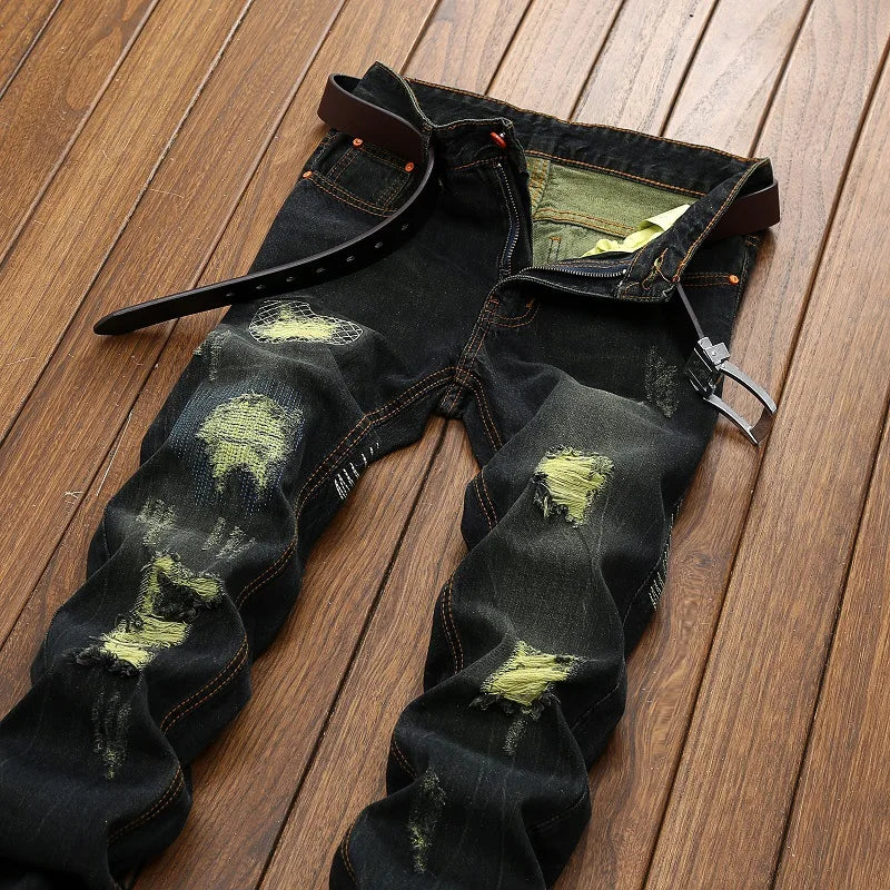 Men's Vintage Ripped Knee-Length Jeans Hip-Hop & Motorcycle Style