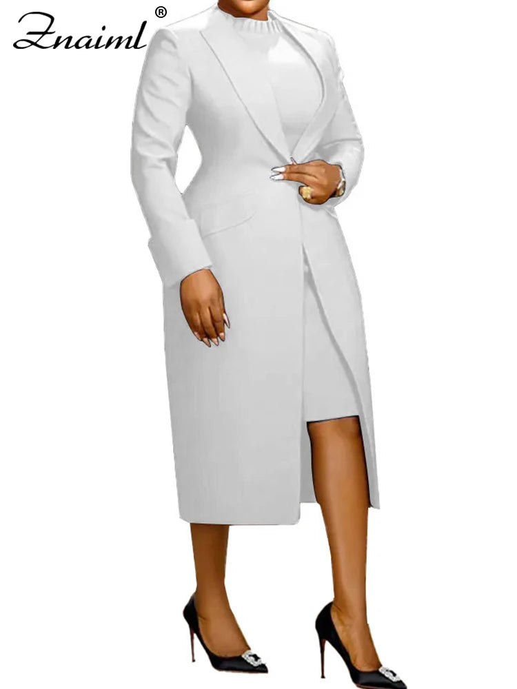 Elegant Lady Long Blazer with Dress 2PCS Office Fashionable Work Outfits