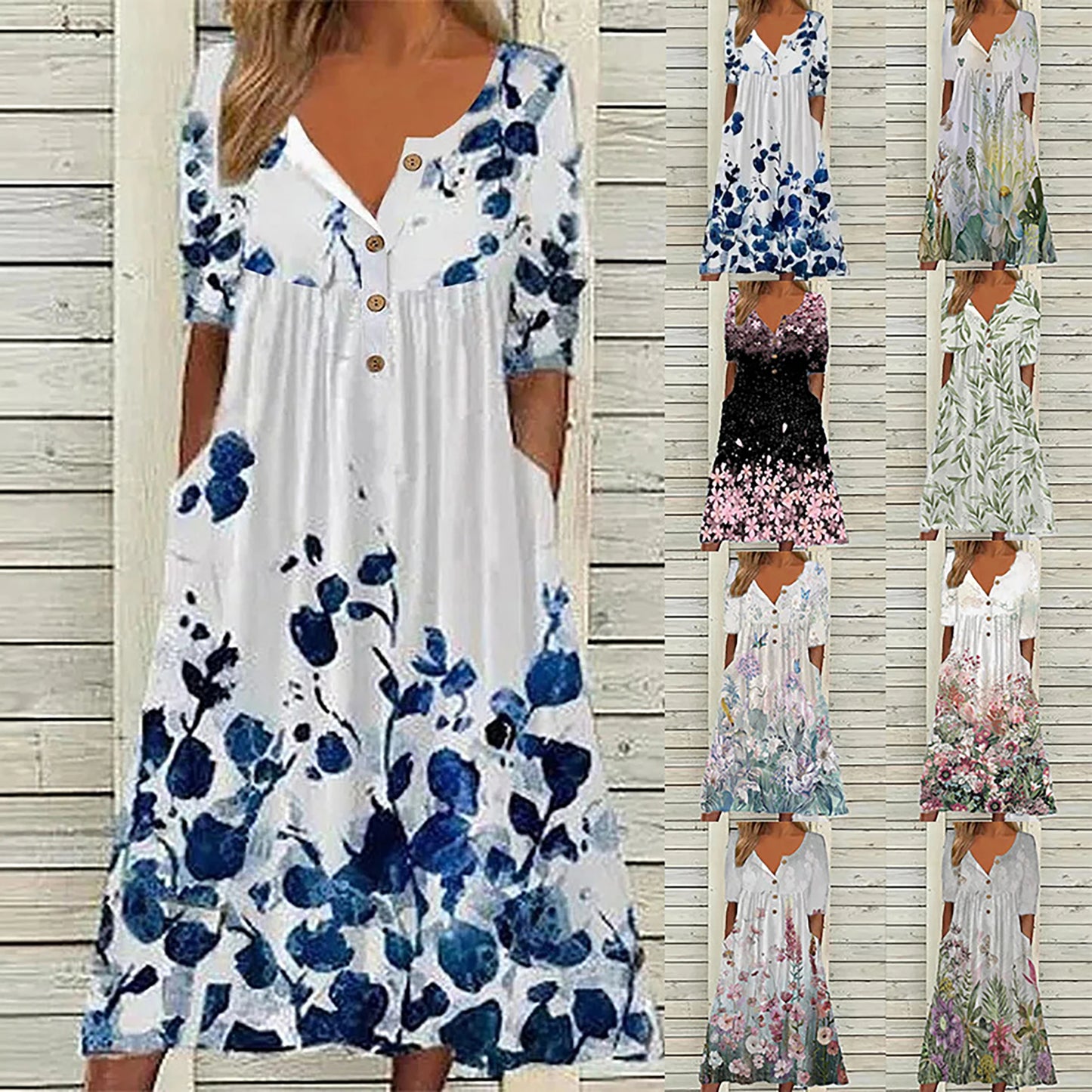 Europe and the United States Spring New Fashion Printed V-Neck Button Short Sleeve Plus Size Women's Size Women's Pocket