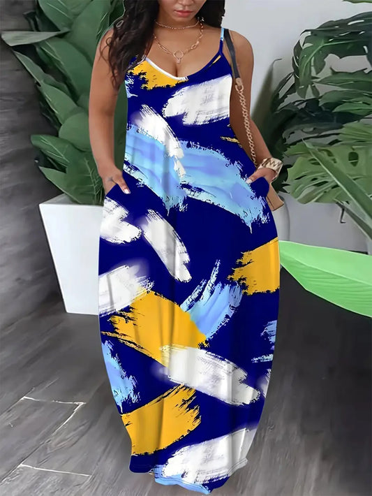 Plus Size Fashion Graffiti Print Halter Dress with Adjustable Buckle Pocket Women's Summer Casual Dress