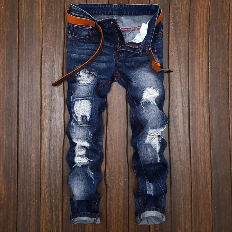 Men's Vintage Ripped Knee-Length Jeans Hip-Hop & Motorcycle Style