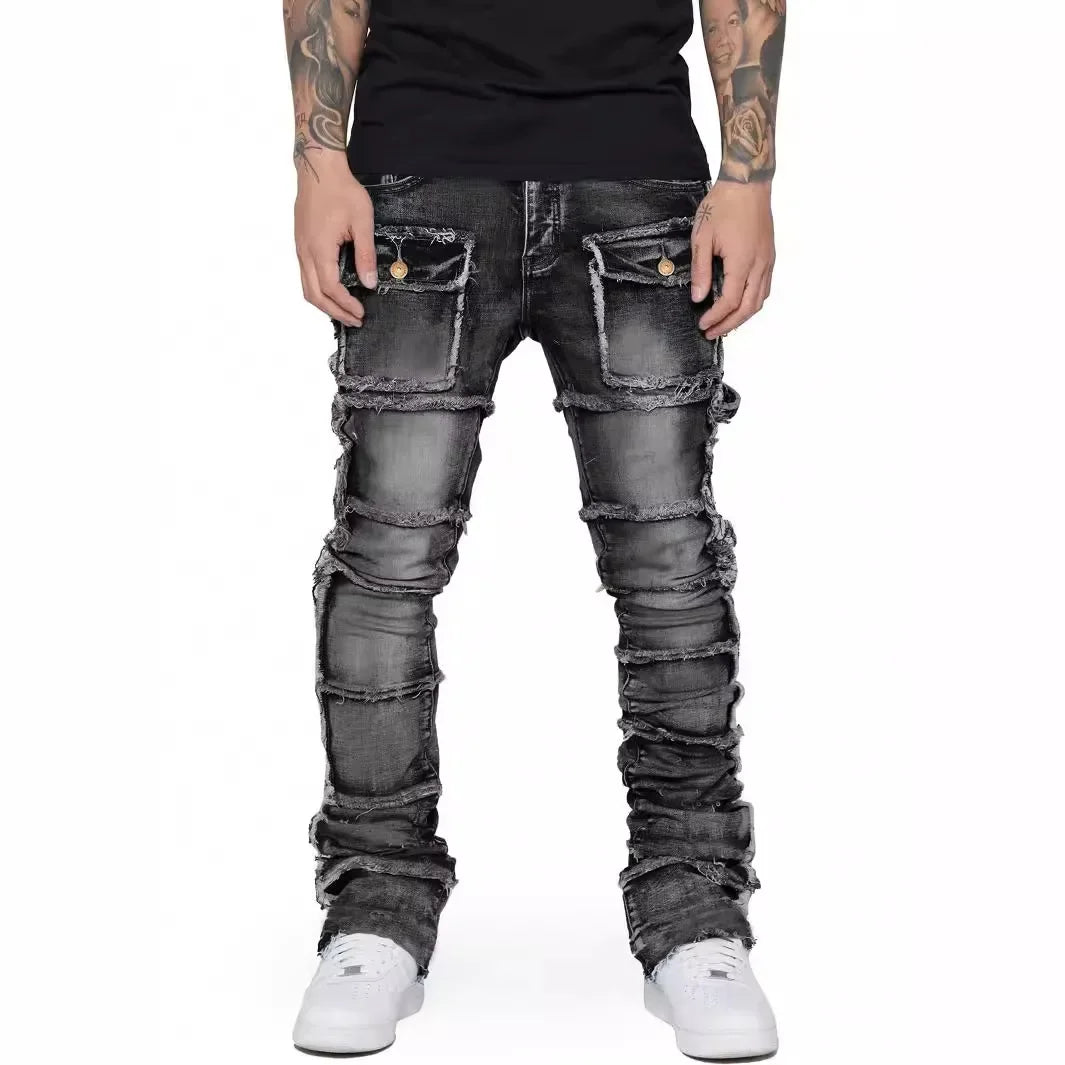 2025 New Stretchy Jeans Men Ripped Washed Y2k Pants Retro Cargo Straight Leg Male's Patched Denim Trousers