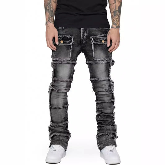 2025 New Stretchy Jeans Men Ripped Washed Y2k Pants Retro Cargo Straight Leg Male's Patched Denim Trousers