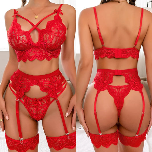 Erotic Lingerie Women Bra And Panty Garters 3PCS See Through Lingerie Set