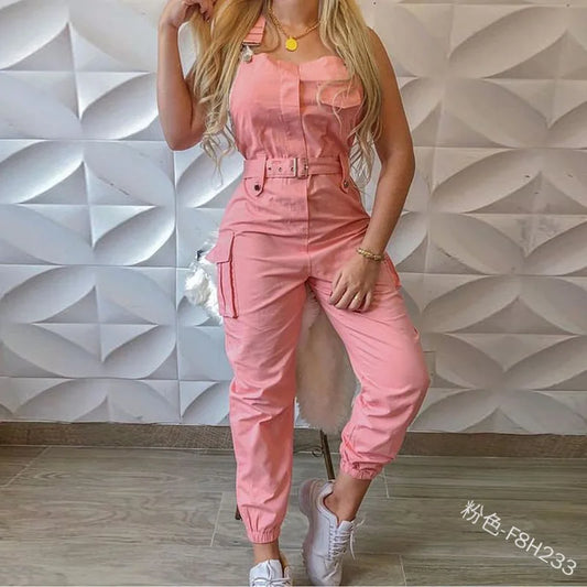 Women's Clothing Bodysuit Jumpsuit Simple Zipper Cargo High Waisted Conjoined Body Pants Sleeveless Strap Trousers