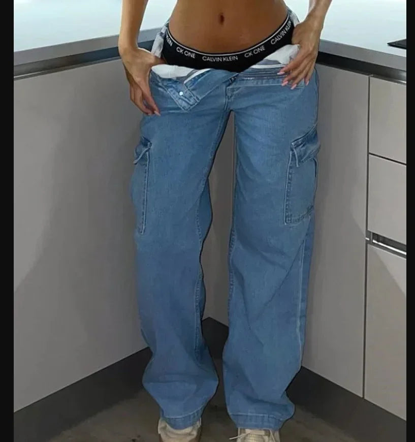 Multi Pocket Workwear Versatile Lifting Hip Long Jeans for Women