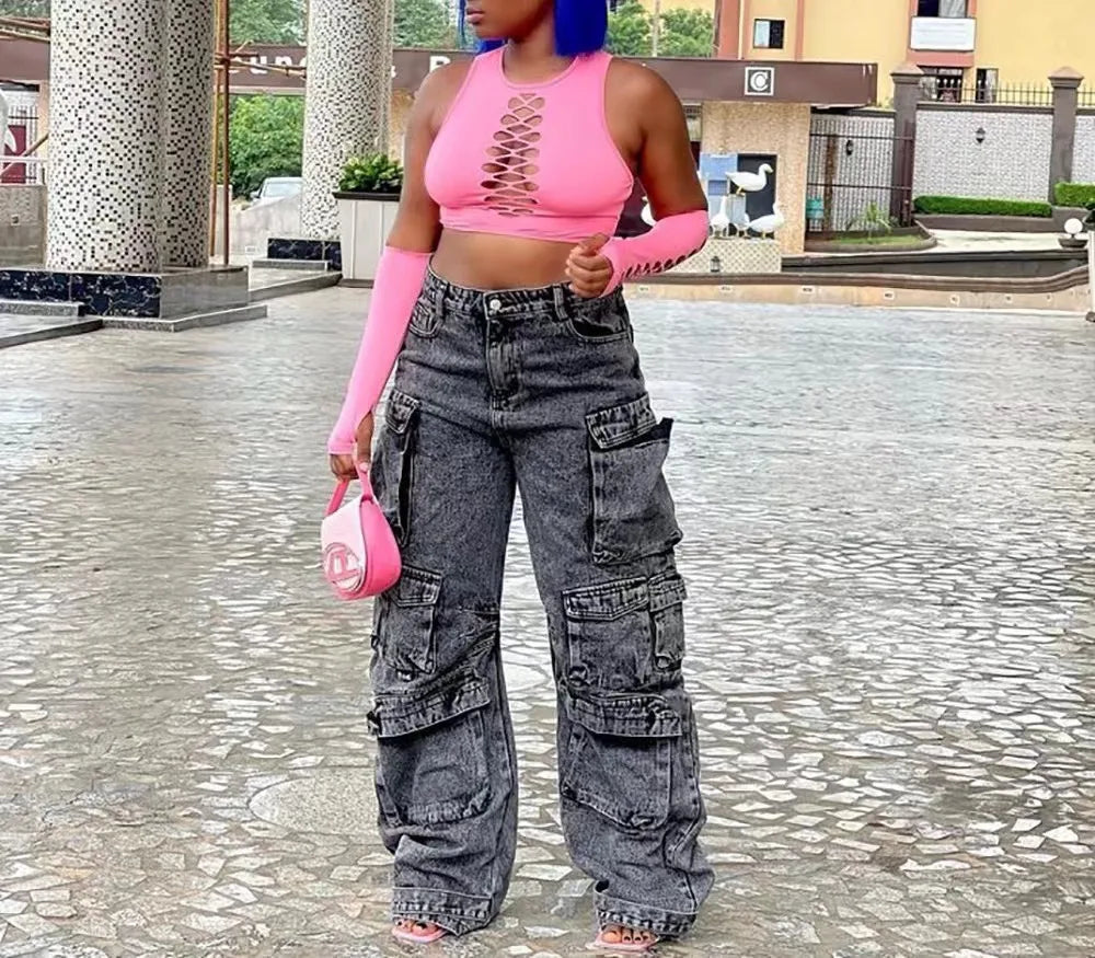 Europe and The United States High-Waisted Multi-Pocket Long Jeans, Women's Spring and Autumn New Trend Loose Splice Cargo Jeans