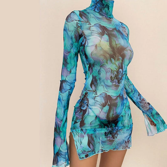 Ladies Mesh Printed Y2k Vintage Dress High Slim Elastic Sexy Club Dress