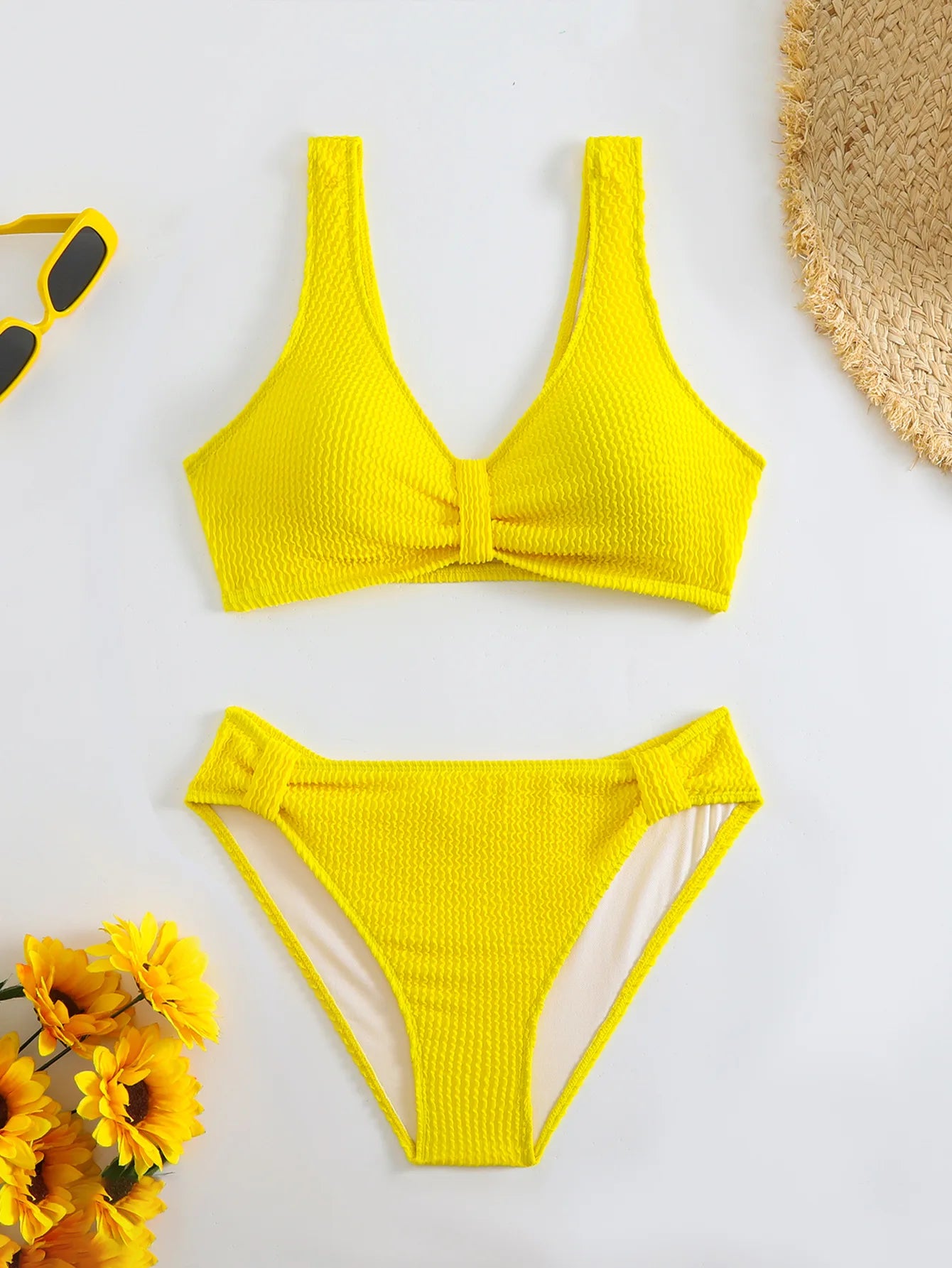 Women's 2PCS Swimsuit Solid Color High Waist Bikini Set V-Neck Backless Beachwear