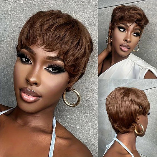Chocolate Brown Short Pixie Cut Wig Human Hair For Black Women