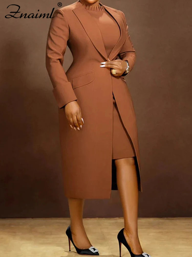 Elegant Lady Long Blazer with Dress 2PCS Office Fashionable Work Outfits