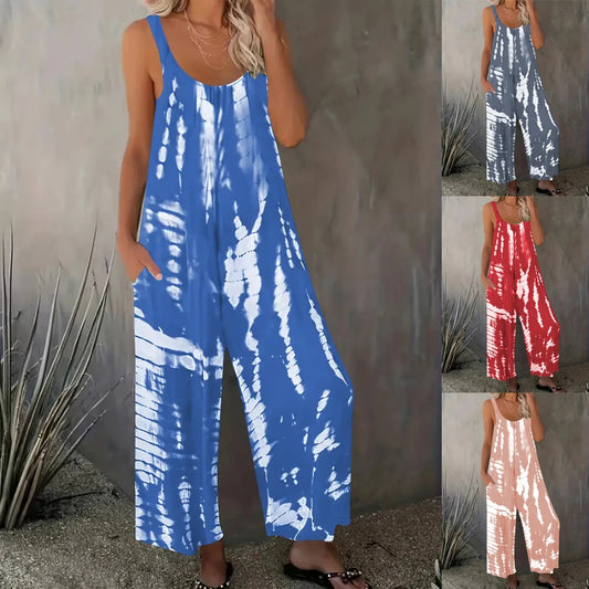 Effortless Plus Size Tie-Dye Jumpsuit Sleeveless O-Neck With Pockets