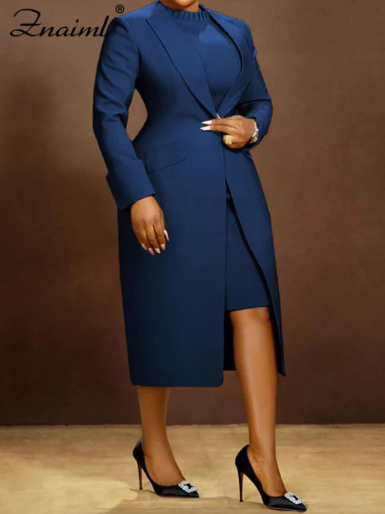 Elegant Lady Long Blazer with Dress 2PCS Office Fashionable Work Outfits