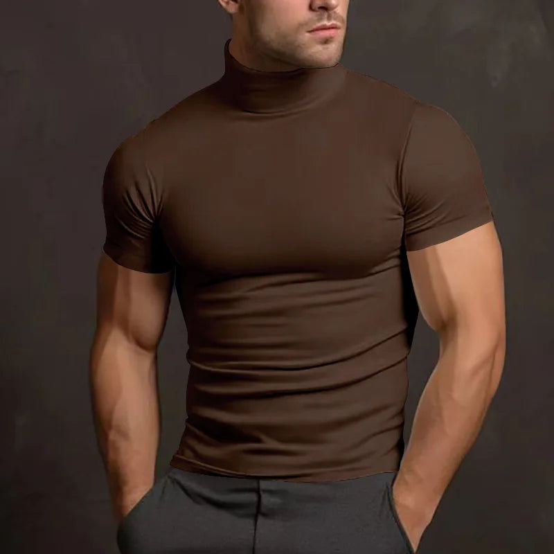 Cross-border Solid Color Short-Sleeved Fashion bottom Tight Turtleneck T-shirt