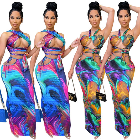 OS6182 Fashionable 2PCS Sexy Digital Printing Wrap Chest Cross-Border Dress