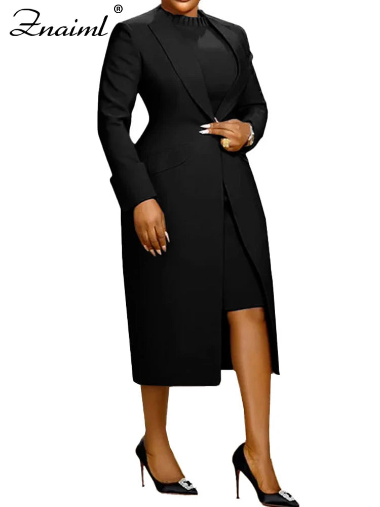 Elegant Lady Long Blazer with Dress 2PCS Office Fashionable Work Outfits
