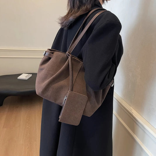 Women Suede Tote Bag with Inner Pocket Underarm Bag with Zipper Solid Color Satchel Bag for Work Travel