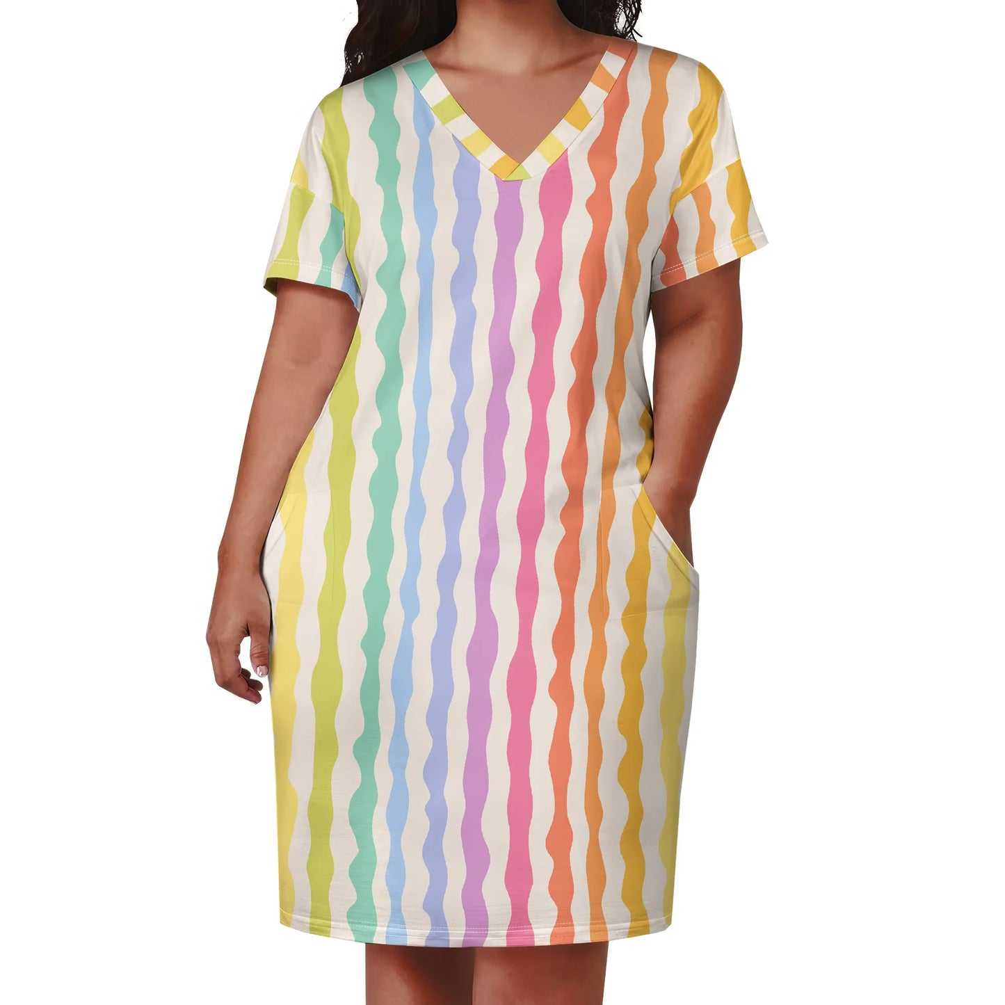Plus Size Summer Dress for Curvy Women V Neck Short Sleeve Boho Beach T Shirt Dress