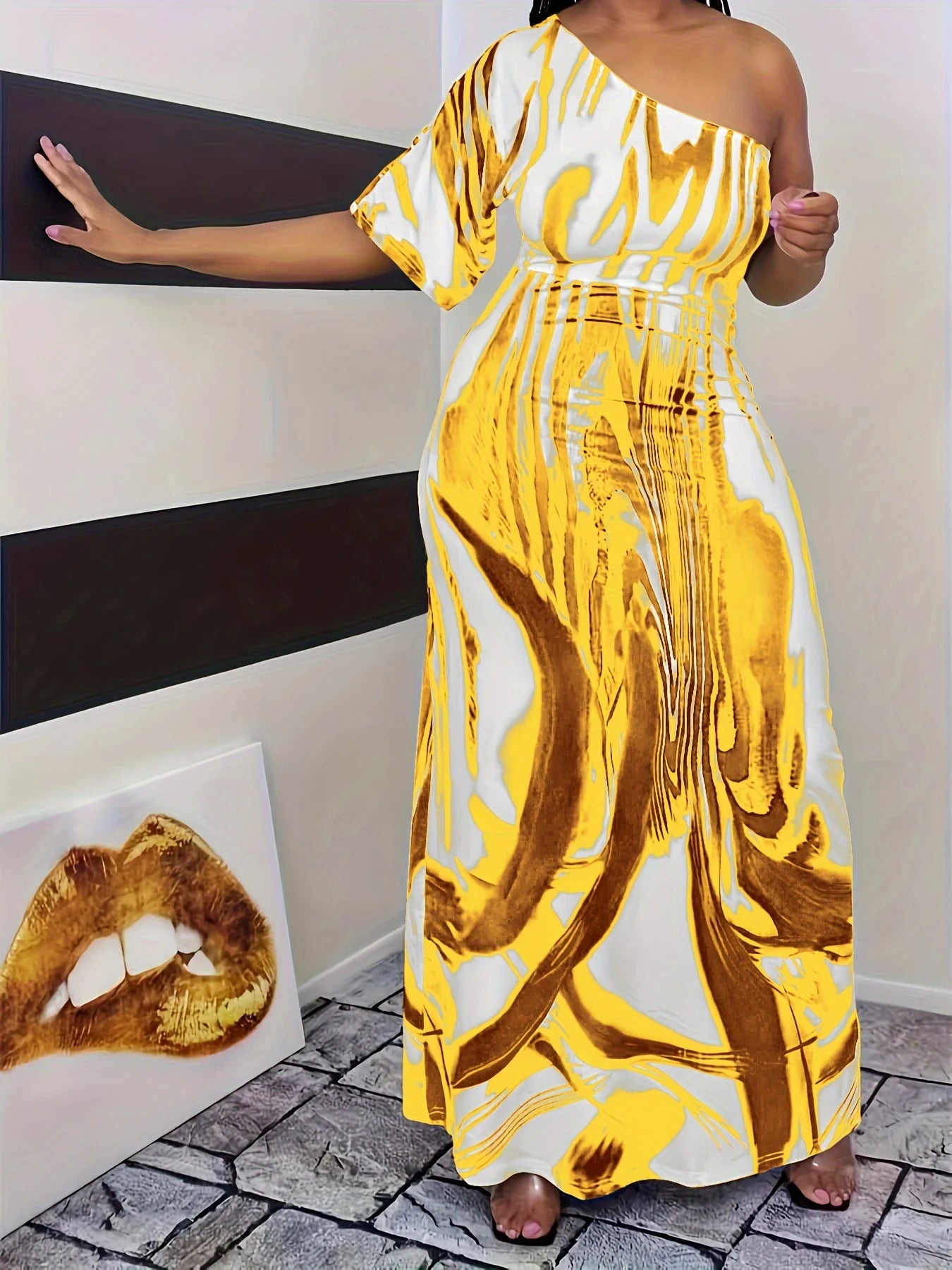 Plus Size Hot Selling European and American Casual Printed Single Sleeved Off Shoulder Dresses