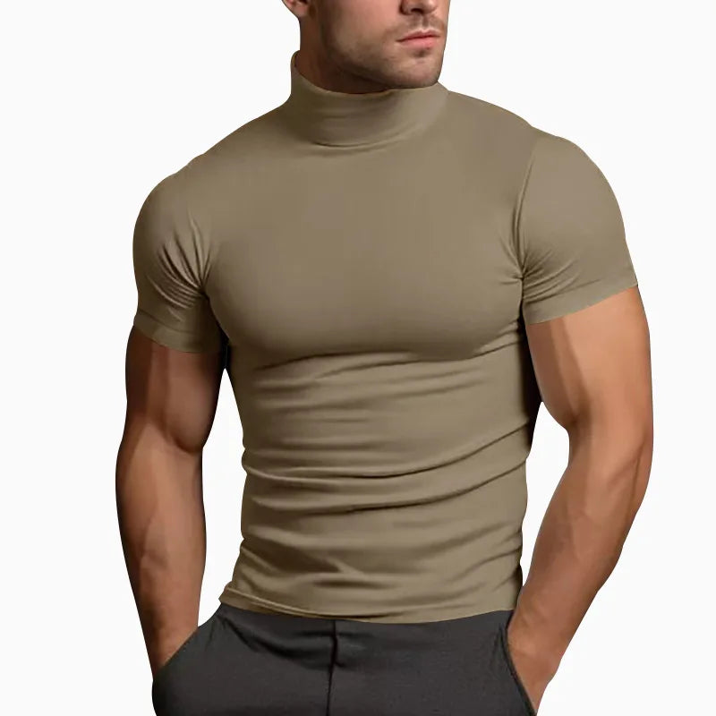 Cross-border Solid Color Short-Sleeved Fashion bottom Tight Turtleneck T-shirt