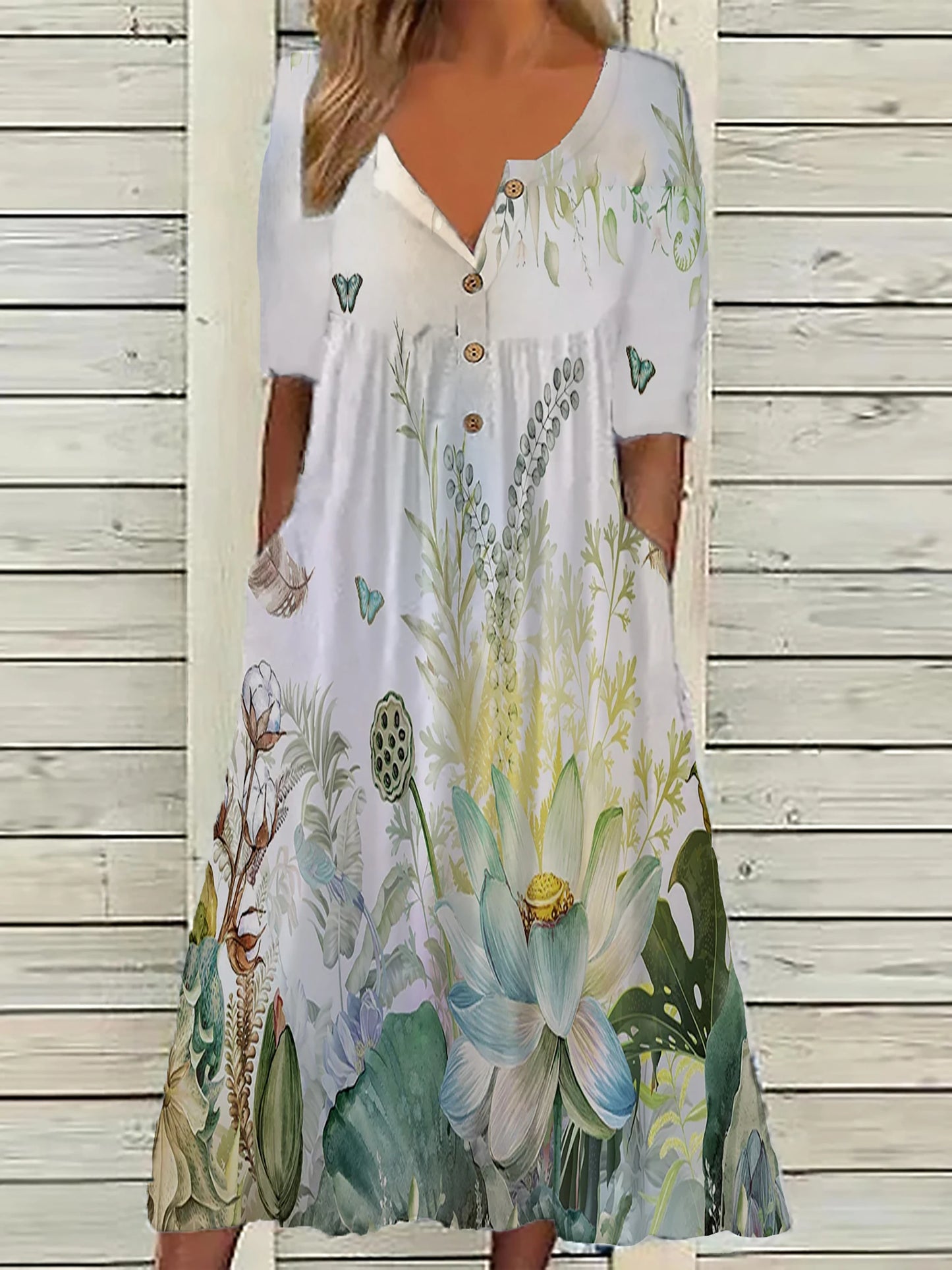 Europe and the United States Spring New Fashion Printed V-Neck Button Short Sleeve Plus Size Women's Size Women's Pocket