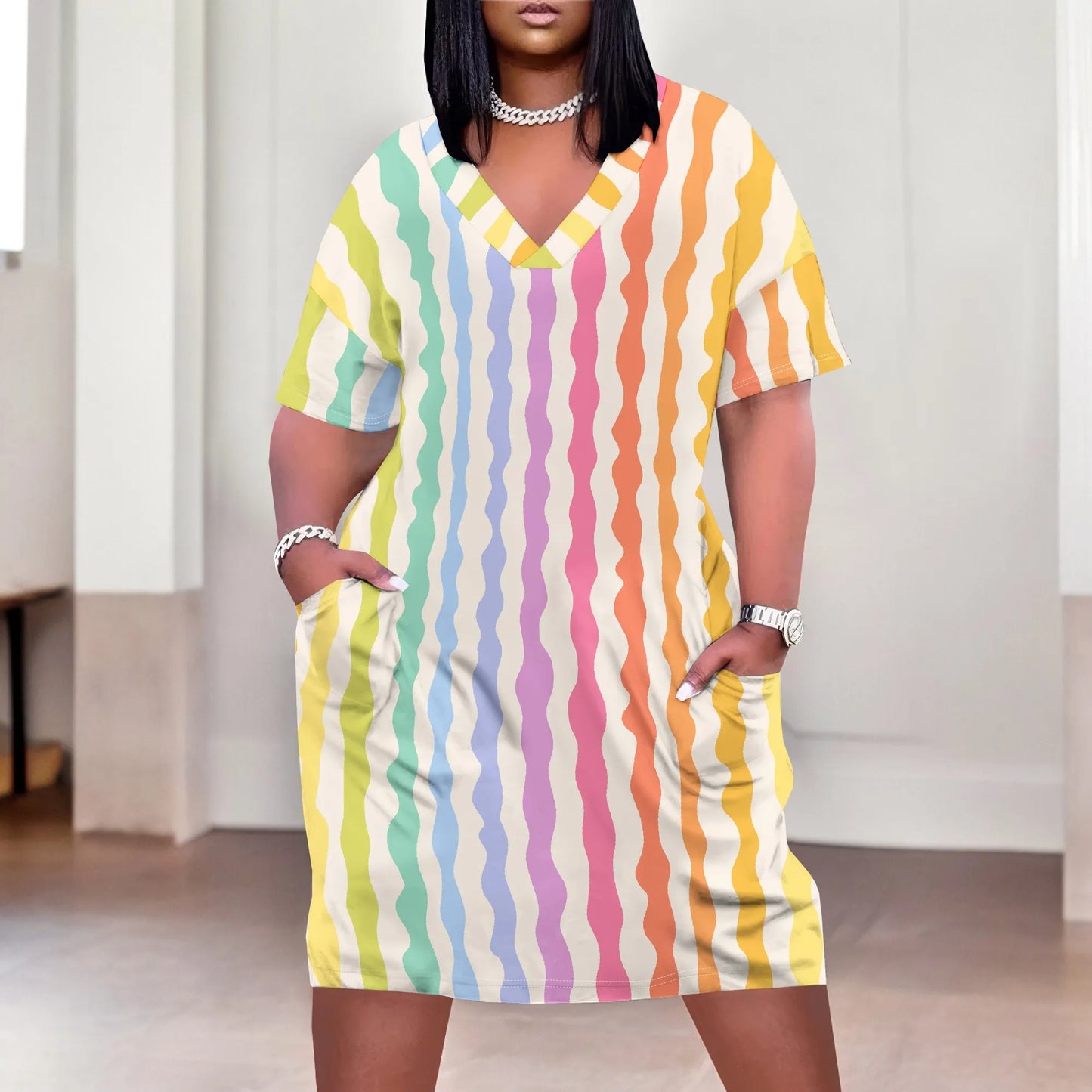 Plus Size Summer Dress for Curvy Women V Neck Short Sleeve Boho Beach T Shirt Dress