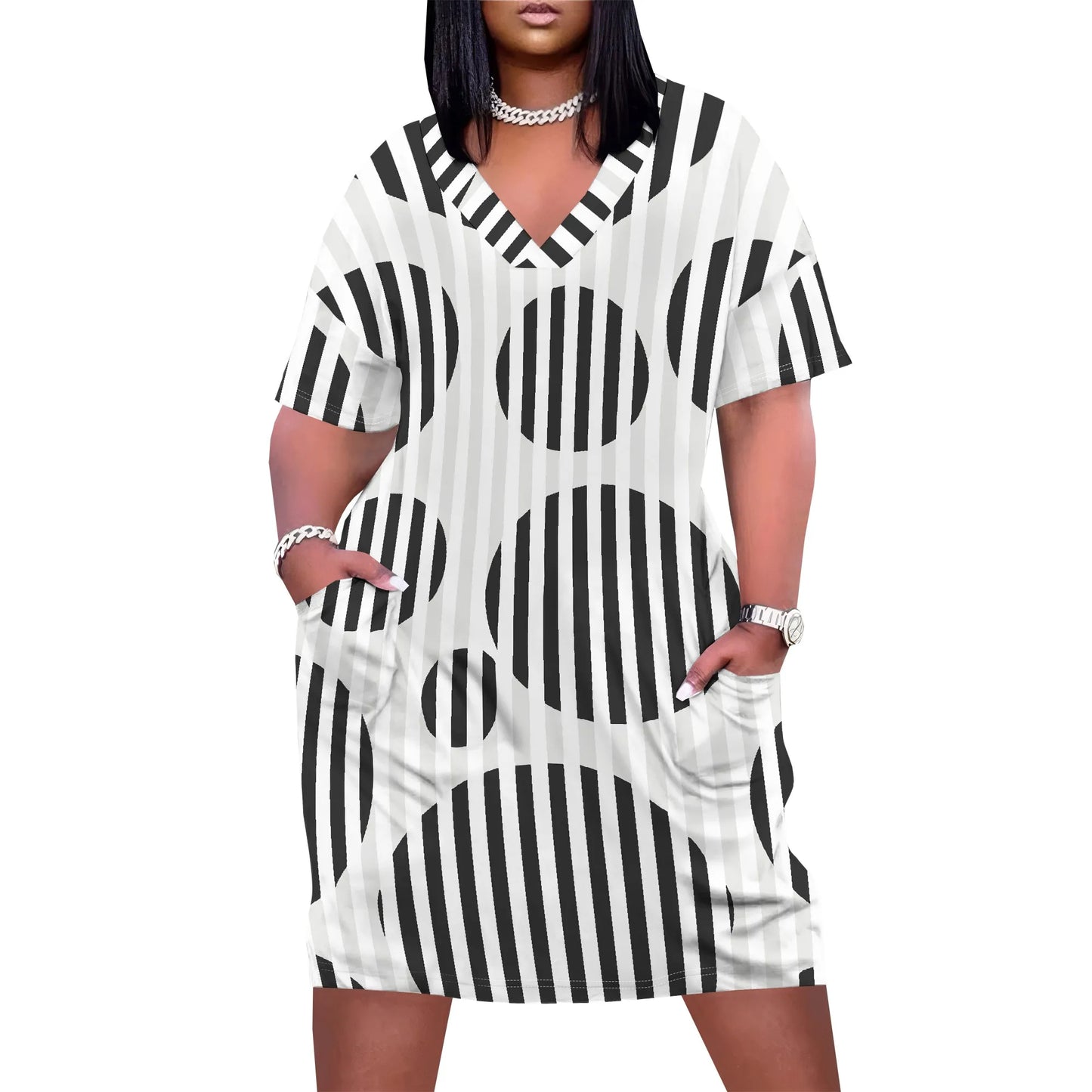 Plus Size Summer Dress for Curvy Women V Neck Short Sleeve Boho Beach T Shirt Dress