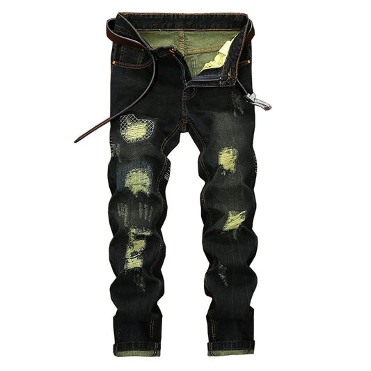 Men's Vintage Ripped Knee-Length Jeans Hip-Hop & Motorcycle Style