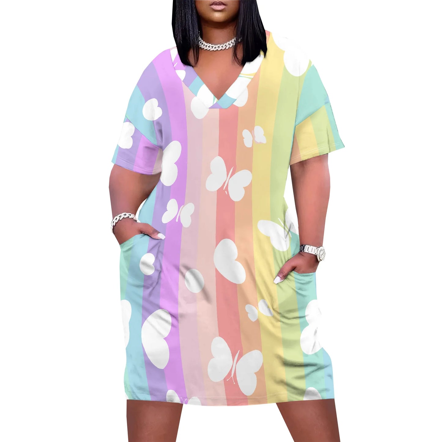 Plus Size Summer Dress for Curvy Women V Neck Short Sleeve Boho Beach T Shirt Dress