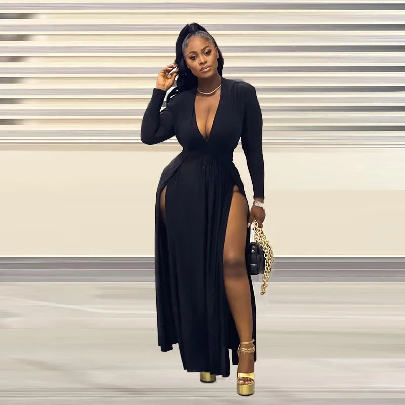 Plus Size Women Full Sleeve Evening Dresses Classic V-Neck Maxi Vestidos Night Club Split Party Long Dress