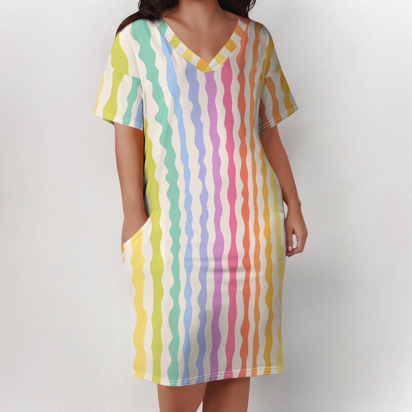 Plus Size Summer Dress for Curvy Women V Neck Short Sleeve Boho Beach T Shirt Dress