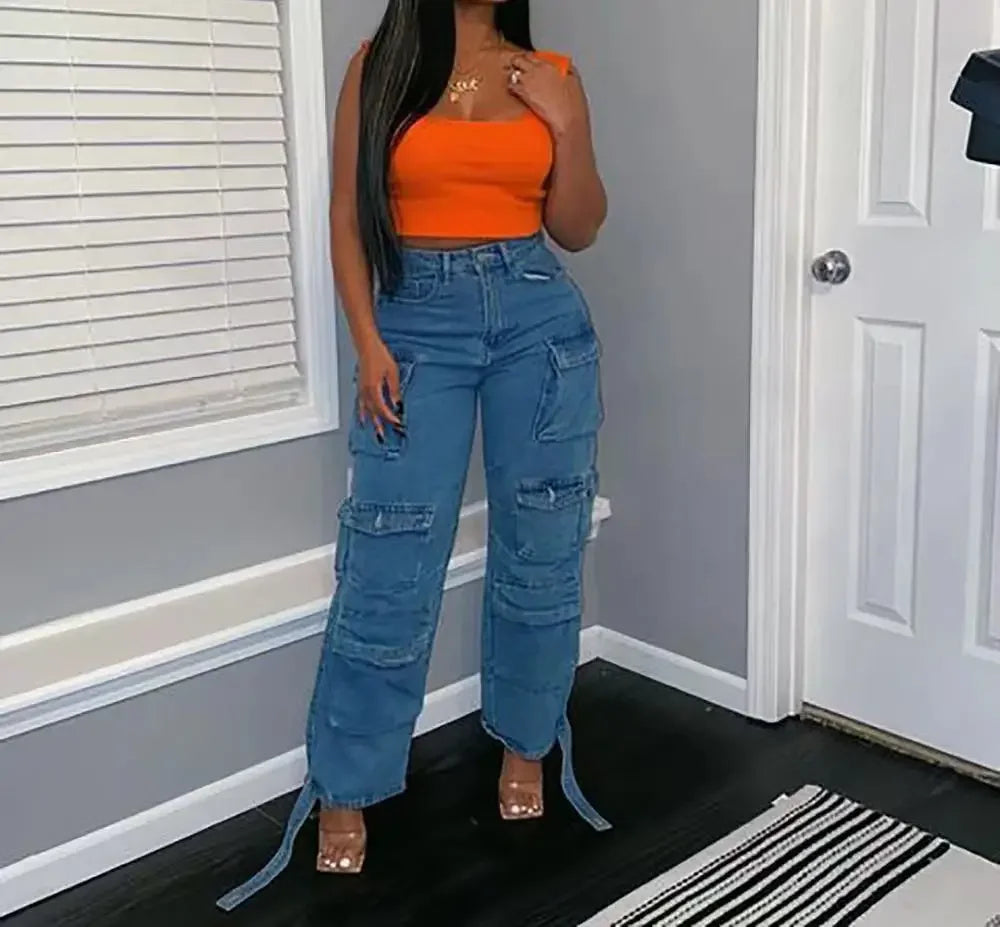 Europe and The United States High-Waisted Multi-Pocket Long Jeans, Women's Spring and Autumn New Trend Loose Splice Cargo Jeans