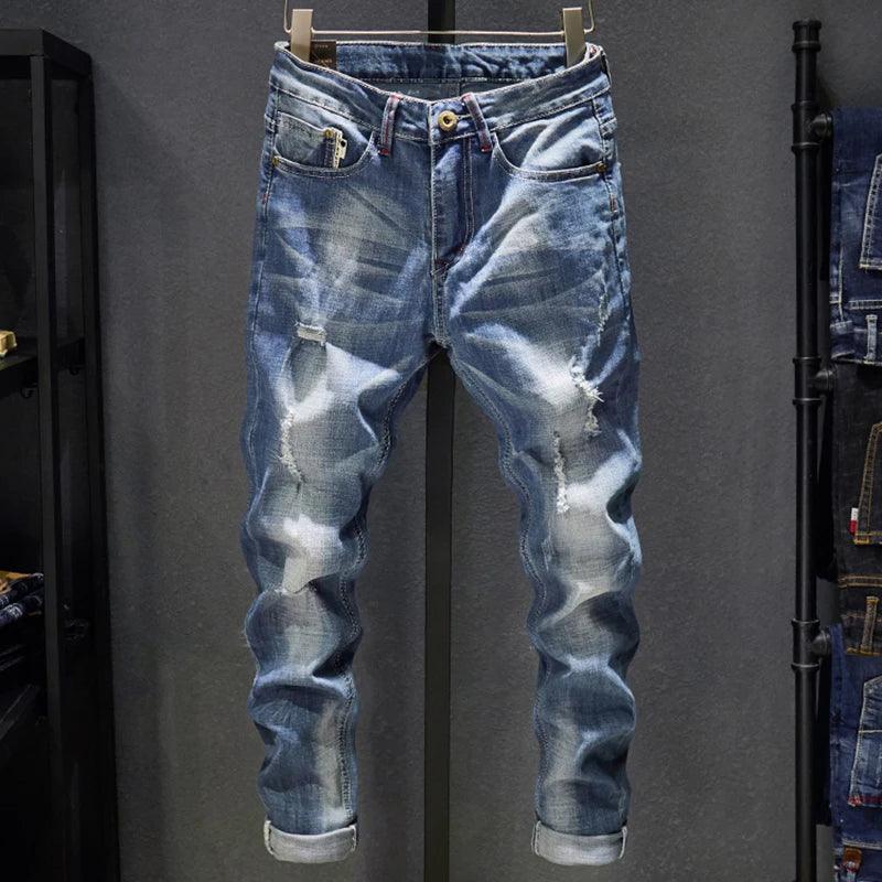 Denim High Quality Ripped Stretch Trendy Fashion Pants Male Dropship