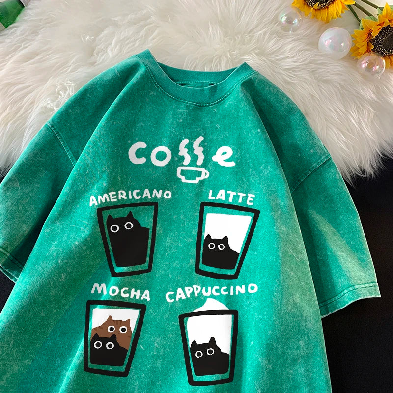 Retro Fashion Cat Cotton Loose Ft Couples Short Sleeve T-Shirt