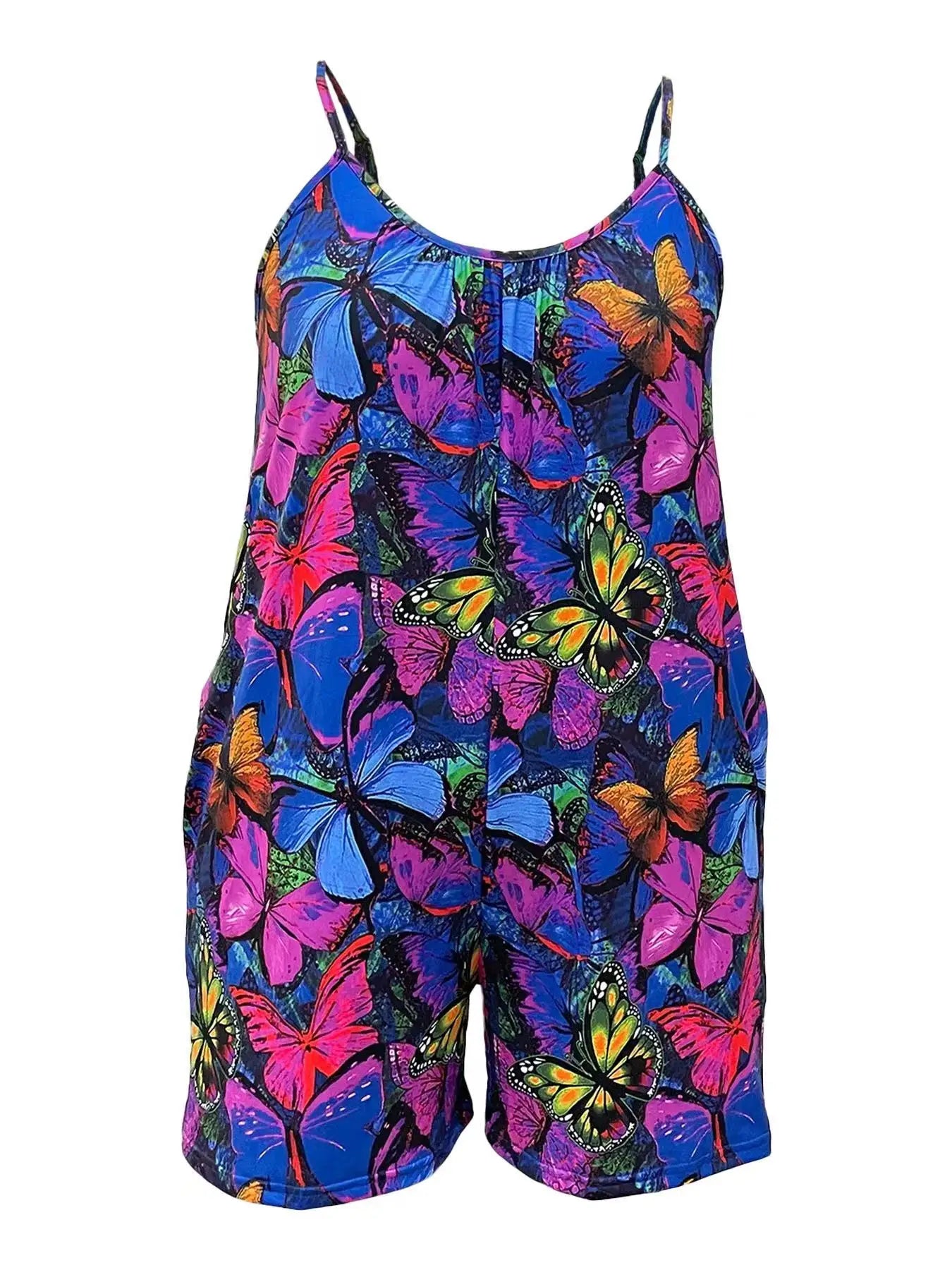 Plus Size Butterfly Print Slip Romper, Casual Sleeveless Pockets Romper, Women's Plus Size Clothing
