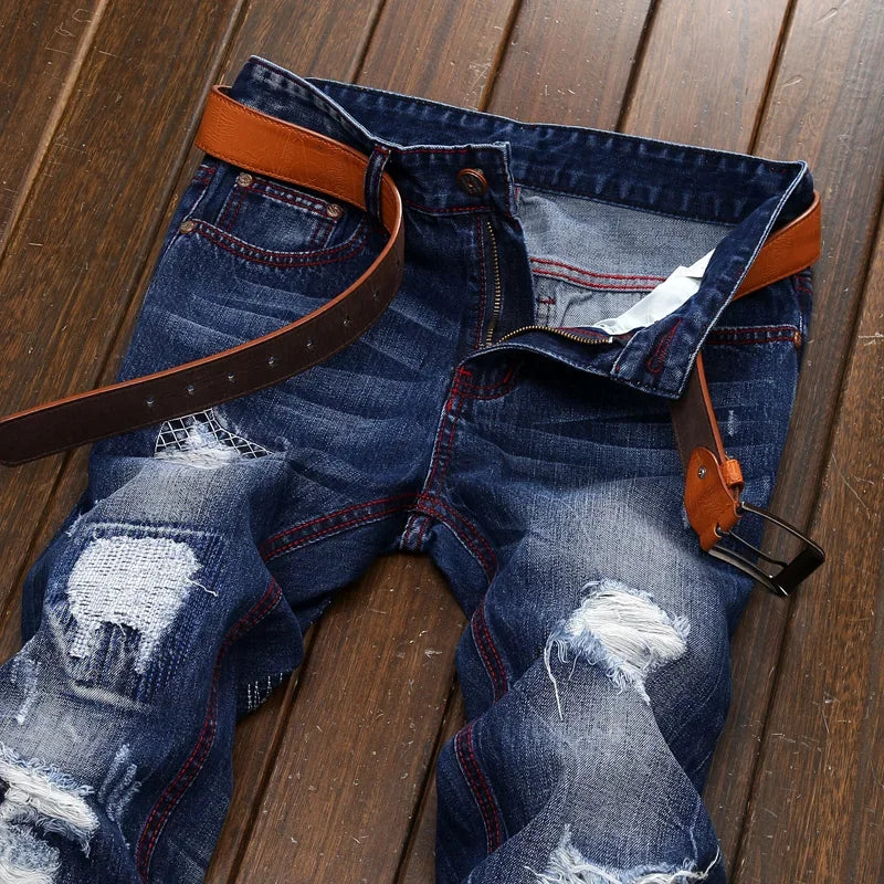 Men's Vintage Ripped Knee-Length Jeans Hip-Hop & Motorcycle Style