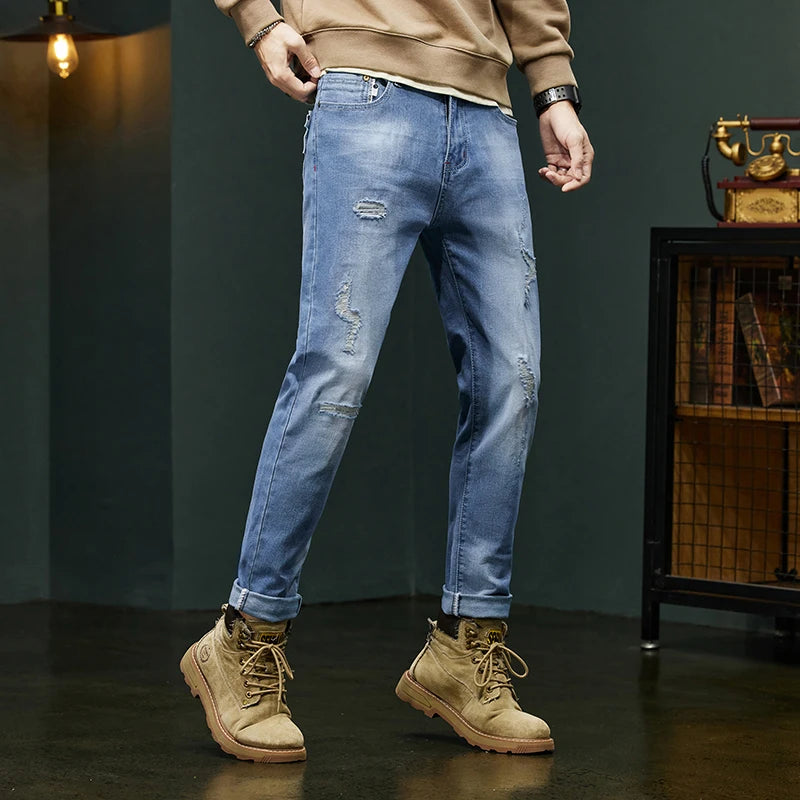 Denim High Quality Ripped Stretch Trendy Fashion Pants Male Dropship
