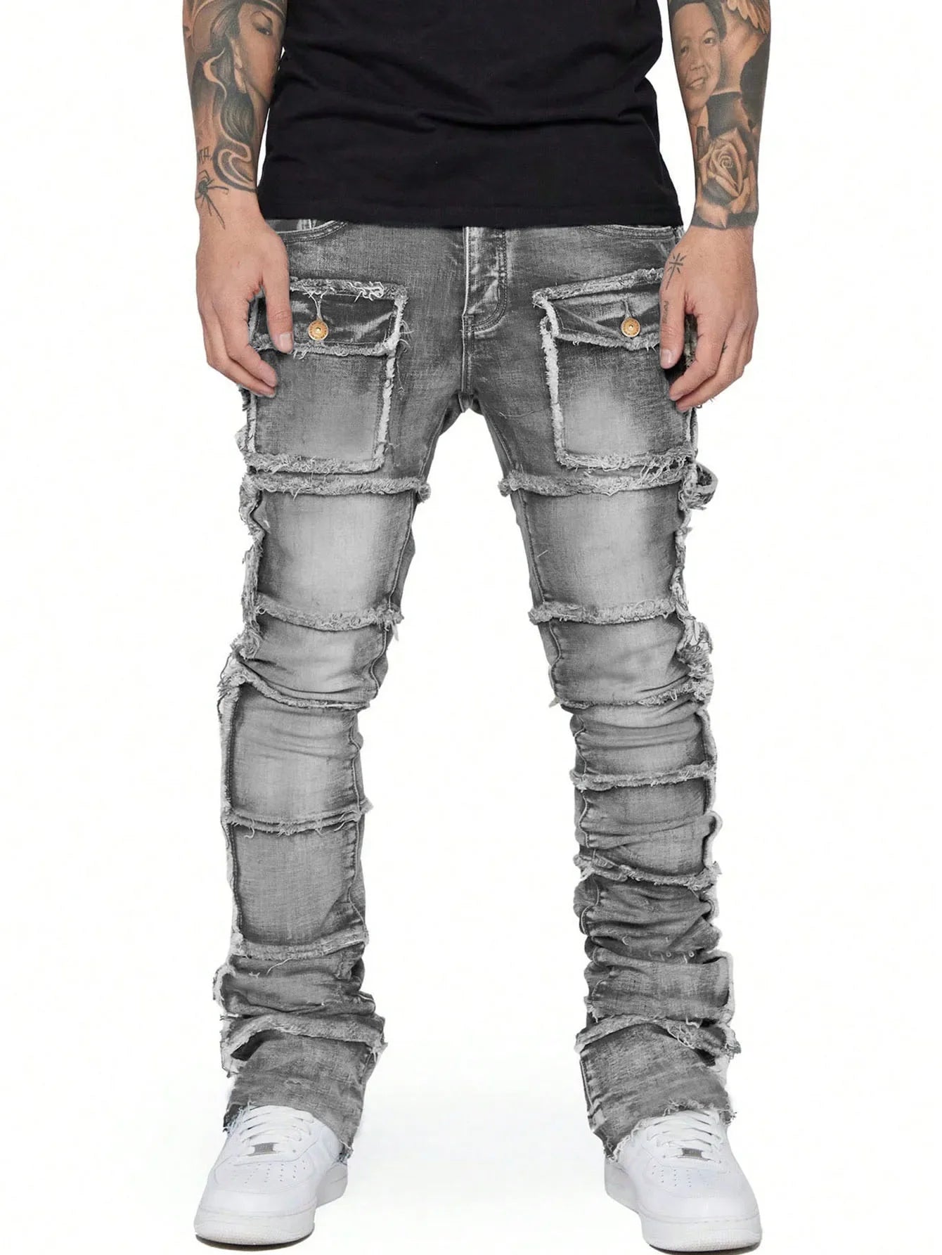 2025 New Stretchy Jeans Men Ripped Washed Y2k Pants Retro Cargo Straight Leg Male's Patched Denim Trousers