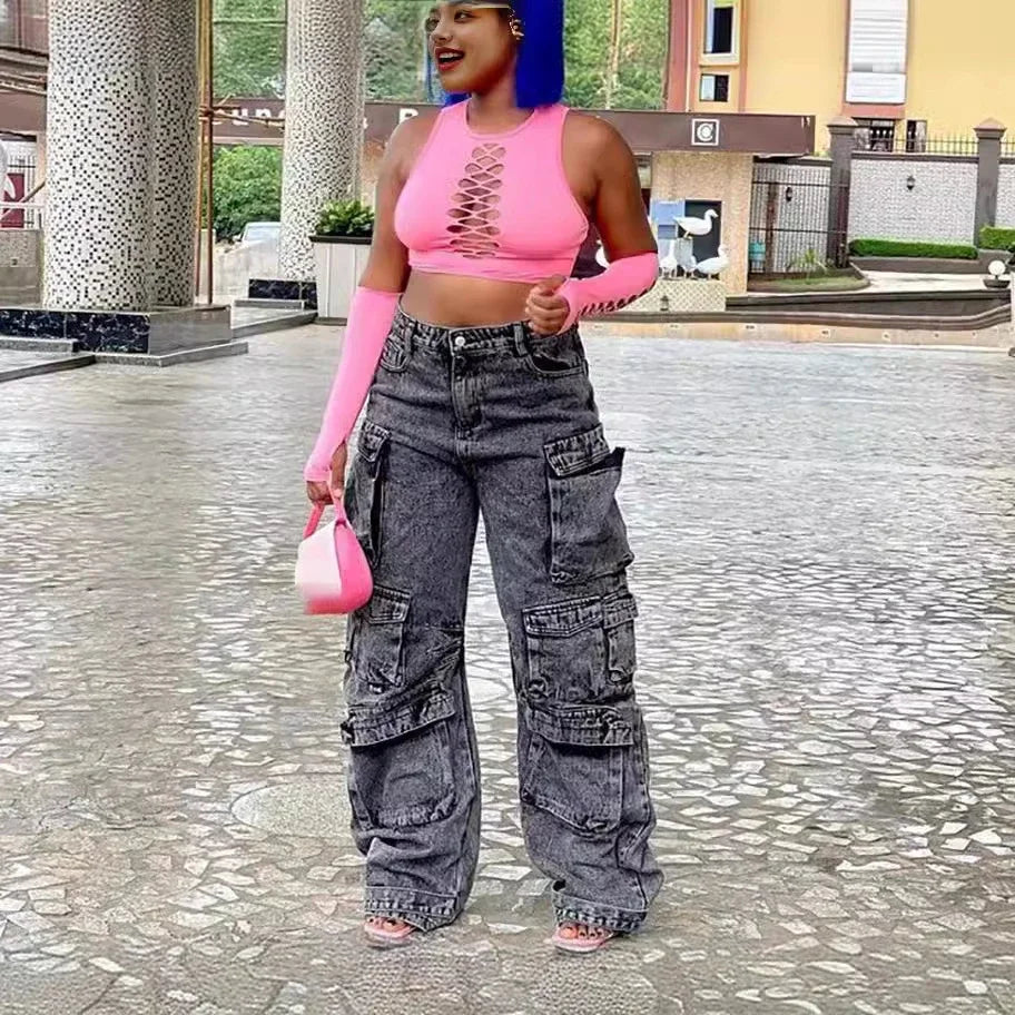 Europe and The United States High-Waisted Multi-Pocket Long Jeans, Women's Spring and Autumn New Trend Loose Splice Cargo Jeans