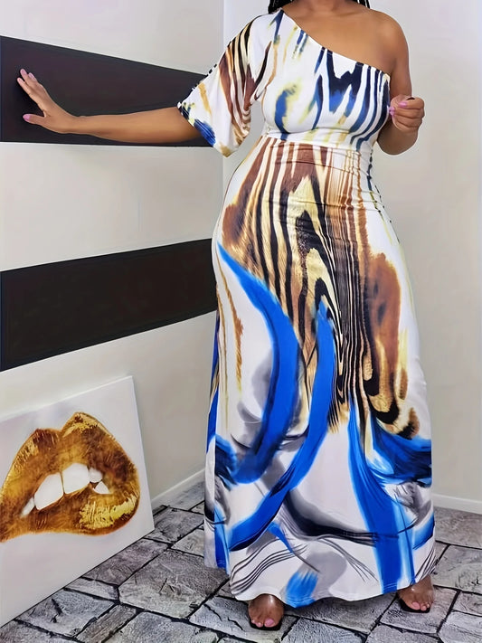Plus Size Hot Selling European and American Casual Printed Single Sleeved Off Shoulder Dresses