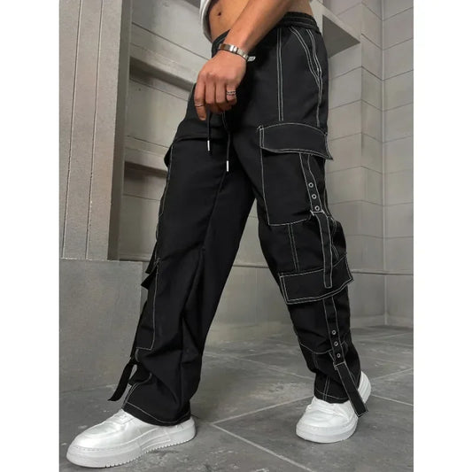 Men's Baggy Straight Denim Wide Legs, Elastic Waist, Big Pockets, Black & Blue, Casual Streetwear Jeans