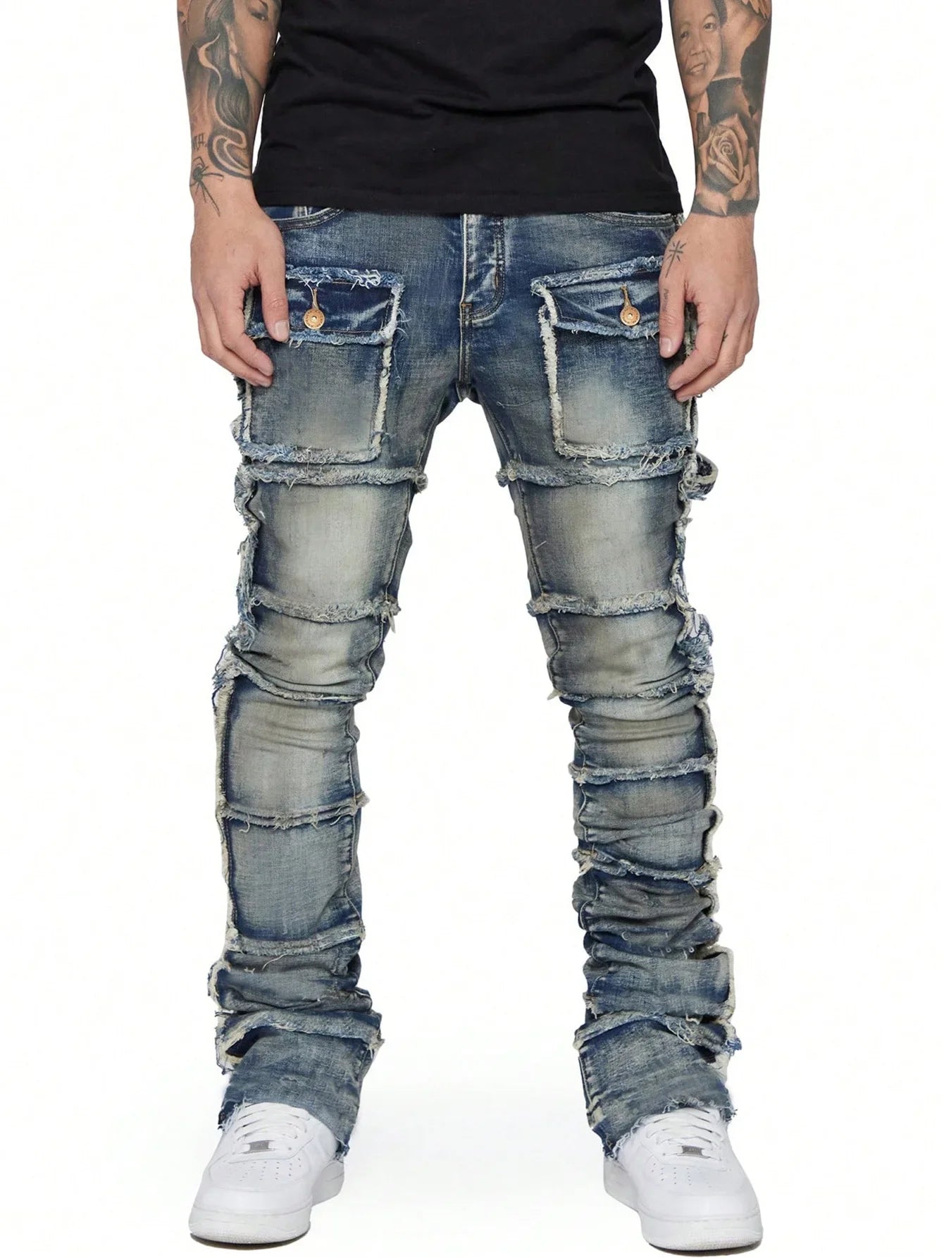 2025 New Stretchy Jeans Men Ripped Washed Y2k Pants Retro Cargo Straight Leg Male's Patched Denim Trousers